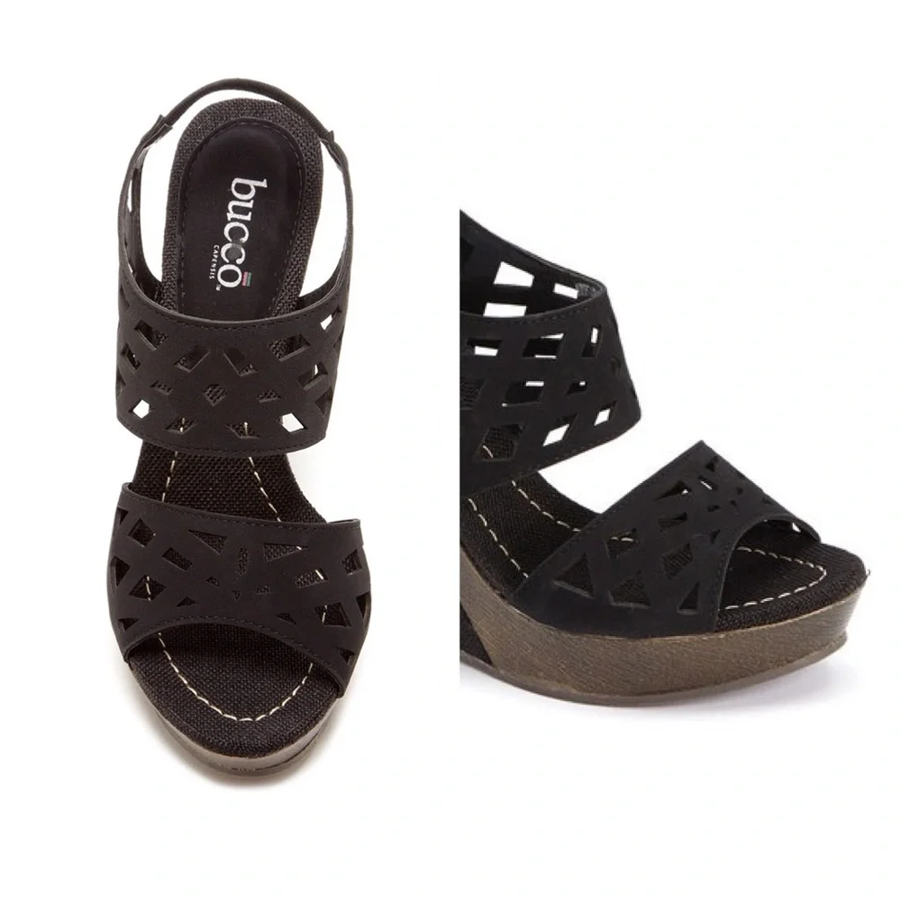 Bucco Serenas Wedge Sandal Black 9 Laser Cut Straw Heel Platform